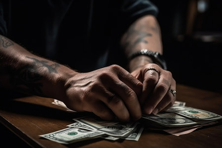 Close-up of male hands counting stack of hundred dollar bills created by AIの素材