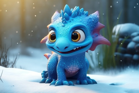 a cute adorable baby dragon lizard on snow 3D Illustation stands in nature in the style of children-friendly cartoon animation fantasy style created by AIの素材