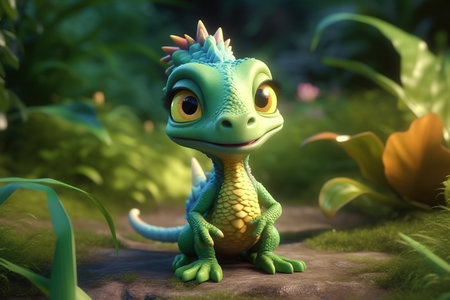 a cute adorable baby dragon lizard 3D Illustation stands in nature in the style of children-friendly cartoon animation fantasy style created by AIの素材