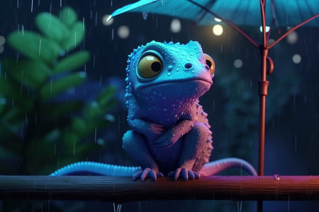 a cute adorable chameleon on a tree 3D Illustation stands in nature in rain at night in the style of children-friendly cartoon animation fantasy style created by AIの素材