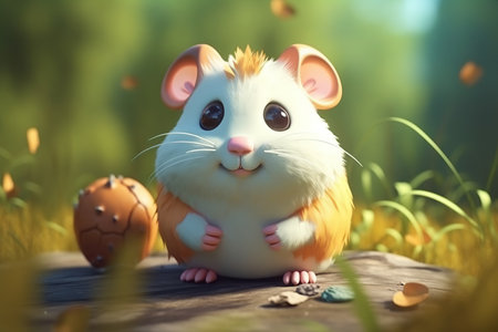 a cute adorable hamster character stands in nature in the style of children-friendly cartoon animation fantasy generative ai 3D style Illustration created by AIの素材