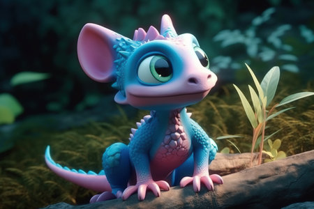 a cute adorable pinky and blue baby dragon lizard 3D Illustation stands in nature in the style of children-friendly cartoon animation fantasy style created by AIの素材