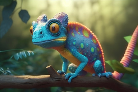 a cute adorable chameleon on a tree 3D Illustation stands in nature in the style of children-friendly cartoon animation fantasy style created by AIの素材
