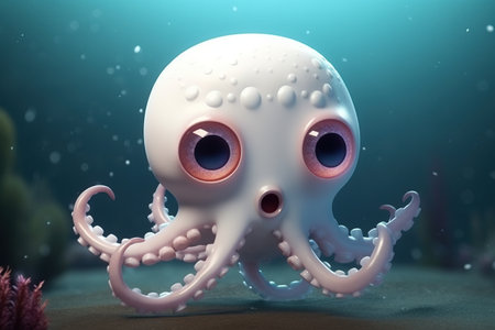 a cute adorable white octopus character underwater in the style of children-friendly cartoon animation fantasy created by AIの素材