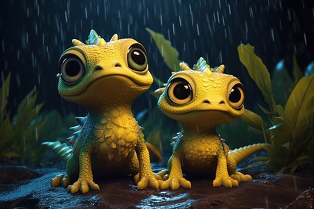 a cute adorable two yellow baby dragon lizard at night by rain 3D Illustation stands in nature in the style of children-friendly cartoon animation fantasy style created by AIの素材