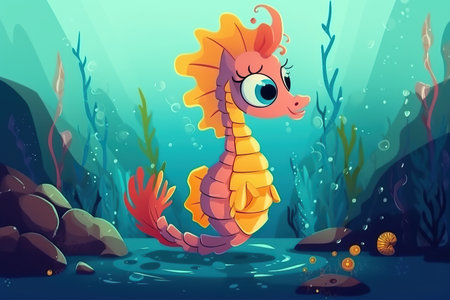 a cute adorable seahorse character underwater in the style of children-friendly cartoon animation fantasy generative ai 3D style Illustration created by AIの素材