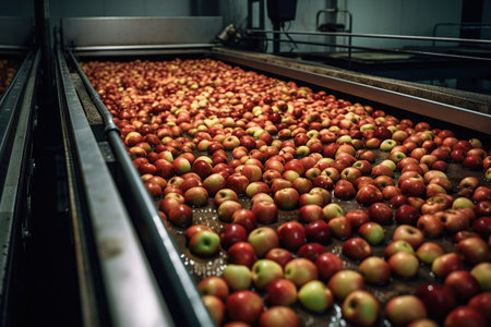 Clean and fresh apples before grating and cutting in food processing facility created by generative AIの素材
