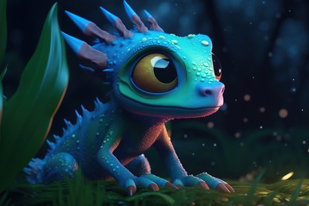 a cute adorable baby dragon lizard at night by rain 3D Illustation stands in nature in the style of children-friendly cartoon animation fantasy style created by AIの素材