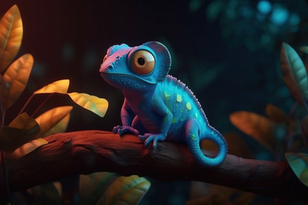 a cute adorable chameleon on a tree 3D Illustation stands in nature at night in the style of children-friendly cartoon animation fantasy style created by AIの素材