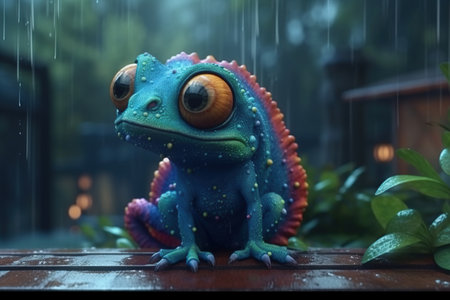 a cute adorable chameleon on a tree 3D Illustation stands in nature in rain in the style of children-friendly cartoon animation fantasy style created by AIの素材