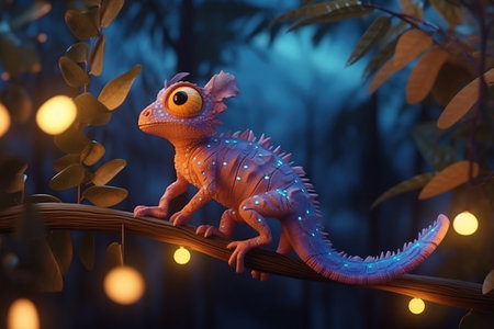 a cute adorable chameleon on a tree 3D Illustation stands in nature at night in the style of children-friendly cartoon animation fantasy style created by AIの素材