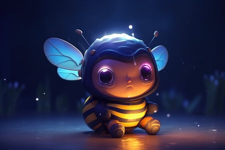 Flying on medow cute adorable baby bee - friendly cartoon animation fantasy style  created by AIの素材
