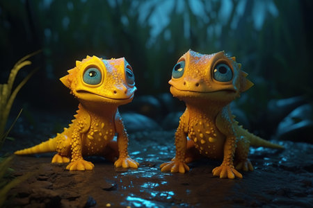 a cute adorable two yellow baby dragon lizard at night by rain 3D Illustation stands in nature in the style of children-friendly cartoon animation fantasy style created by AIの素材