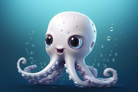 a cute adorable white octopus character underwater in the style of children-friendly cartoon animation fantasy created by AIの素材