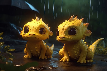 a cute adorable two yellow baby dragon lizard at night by rain 3D Illustation stands in nature in the style of children-friendly cartoon animation fantasy style created by AIの素材