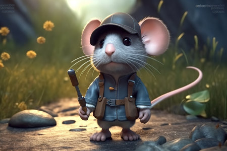 a cute adorable explorer mouse character stands in nature in the style of children-friendly cartoon animation fantasy 3D style Illustration created by AIの素材
