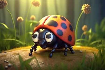 a cute adorable ladybug character stands in nature in the style of children-friendly cartoon animation fantasy created by AIの素材