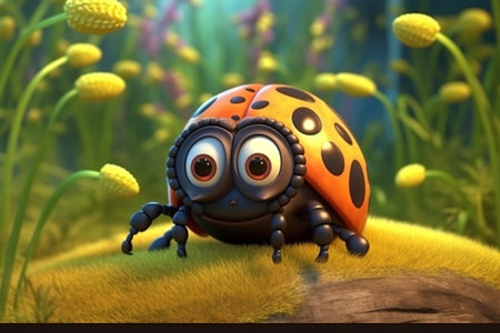 a cute adorable ladybug character stands in nature in the style of children-friendly cartoon animation fantasy created by AIの素材