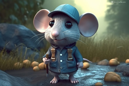 a cute adorable explorer mouse character stands in nature in the style of children-friendly cartoon animation fantasy 3D style Illustration created by AIの素材