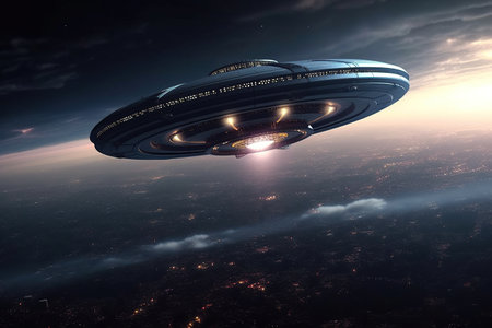 world ufo day, flying in space, Exploring extraterrestrial civilization, aliens, strangers, flying saucer, abduction,created by AIの素材