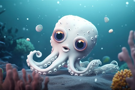a cute adorable white octopus character underwater in the style of children-friendly cartoon animation fantasy created by AIの素材