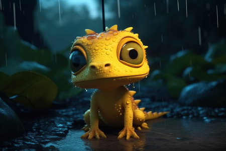 a cute adorable baby dragon lizard at night by rain 3D Illustation stands in nature in the style of children-friendly cartoon animation fantasy style created by AIの素材