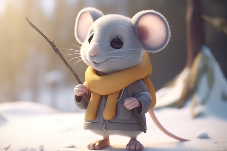 cute adorable explorer mouse character standing in nature on snow in winter coat in child cartoon animation style fantasy 3D style illustrationの素材