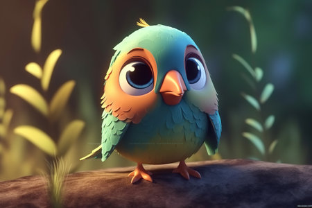 a cute adorable bird sparrow character stands in nature in the style of children-friendly cartoon animation fantasy  created by AIの素材