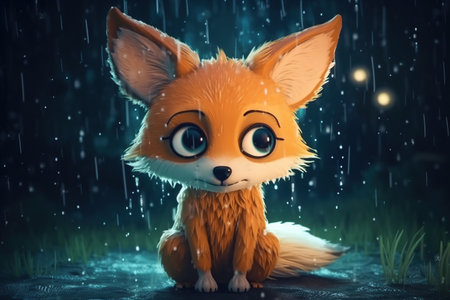 Closeup full body a cute adorable baby fox in medow and bright light generative ai rendered in the style of children - friendly cartoon animation fantasy style created by AIの素材