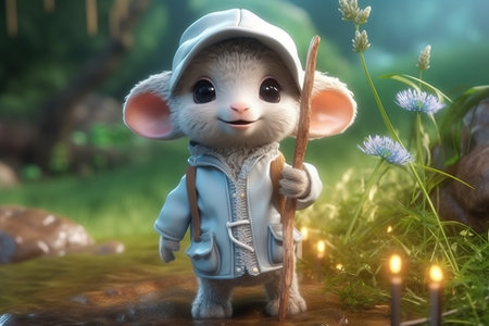 a cute adorable baby lamb with coat and cap in nature rendered in the style of children-friendly cartoon animation fantasy style  created by AIの素材