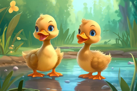 a cute adorable two baby ducks in nature rendered in the style of children-friendly cartoon animation fantasy style  created by AIの素材