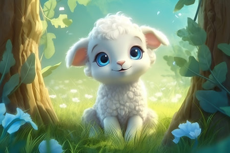 a cute adorable baby lamb in nature rendered in the style of children-friendly cartoon animation fantasy style  created by AIの素材