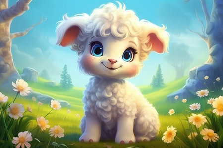a cute adorable baby lamb in nature rendered in the style of children-friendly cartoon animation fantasy style  created by AIの素材