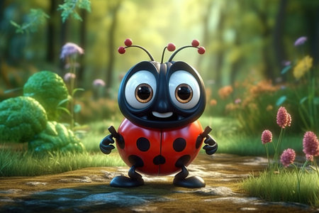 a cute adorable ladybug character stands in nature in the style of children-friendly cartoon animation fantasy created by AIの素材