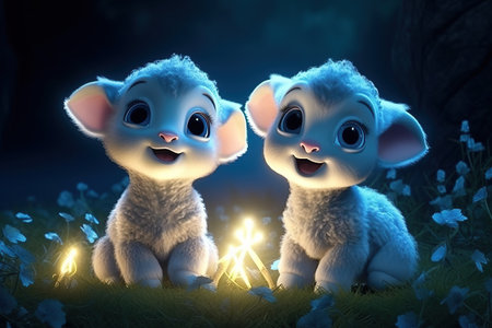 a cute adorable baby lamb with coat and cap, by night vith light in nature rendered in the style of children-friendly cartoon animation fantasy style  created by AIの素材
