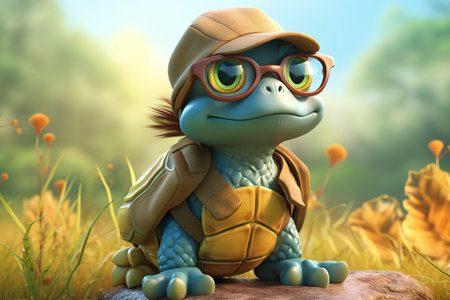 a cute adorable baby turtle with coats, cap and glassess in nature rendered in the style of children-friendly cartoon animation fantasy style  created by AIの素材