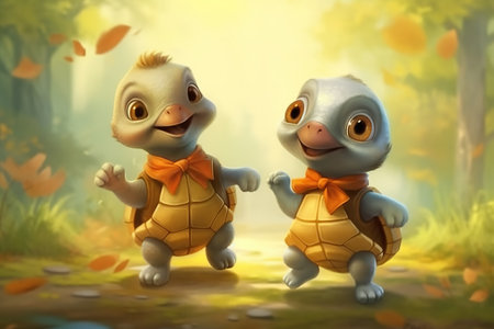 a cute adorable two baby turtles with coats and cap are dancing in nature rendered in the style of children-friendly cartoon animation fantasy style  created by AIの素材
