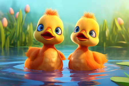 a cute adorable two baby ducks are swimming in the lake  rendered in the style of children-friendly cartoon animation fantasy style  created by AIの素材