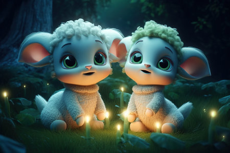 a cute adorable baby lamb with coat and cap, by night vith light in nature rendered in the style of children-friendly cartoon animation fantasy style  created by AIの素材