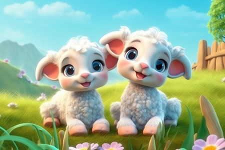 a cute adorable two baby lambs in nature rendered in the style of children-friendly cartoon animation fantasy style  created by AIの素材