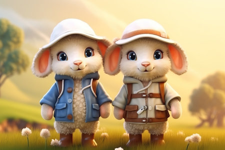 a cute adorable baby lamb with coat and caps in nature rendered in the style of children-friendly cartoon animation fantasy style  created by AIの素材
