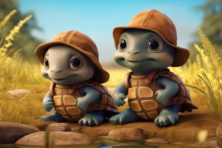 a cute adorable baby turtle with coats and caps, in nature rendered in the style of children-friendly cartoon animation fantasy style  created by AIの素材