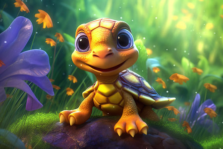 a cute adorable baby turtle in nature rendered in the style of children-friendly cartoon animation fantasy style  created by AIの素材