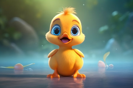 a cute adorable baby duck in nature rendered in the style of children-friendly cartoon animation fantasy style  created by AIの素材