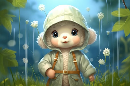 a cute adorable baby lamb with coat and cap in rain in nature rendered in the style of children-friendly cartoon animation fantasy style  created by AIの素材