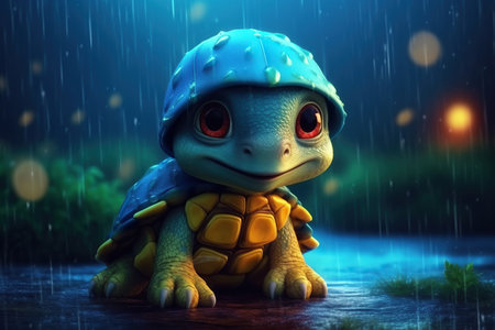 a cute adorable baby turtle with coat and cap, in rain by night  in nature rendered in the style of children-friendly cartoon animation fantasy styleの素材