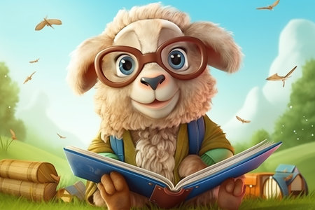 a cute adorable old sheep with cap and glassess and book in nature  rendered in the style of children-friendly cartoon animation fantasy style created by AIの素材