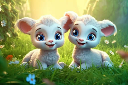 a cute adorable two baby lambs in nature rendered in the style of children-friendly cartoon animation fantasy style  created by AIの素材