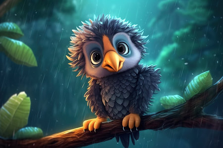 a cute adorable baby eagle on a tree in rain by night rendered in the style of children-friendly cartoon animation fantasy style   created by AIの素材