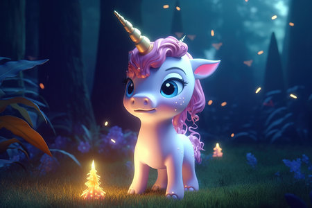 a cute adorable baby unicorn by night with light, in nature , rendered in the style of children-friendly cartoon animation fantasy style 3D style Illustration created by AIの素材